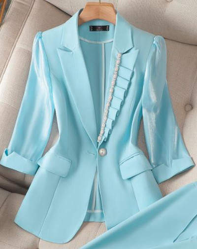 Costume albastre pentru femei, subțiri, temperament, brodate, cu mâneci cu jumătate de mânecă, blazer și pantaloni subțiri, birou, dame, lucru