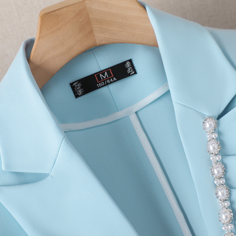 Costume albastre pentru femei, subțiri, temperament, brodate, cu mâneci cu jumătate de mânecă, blazer și pantaloni subțiri, birou, dame, lucru