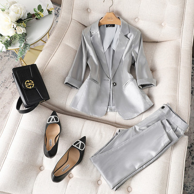 Νέες γυναικείες φόρμες 2 τεμαχίων καλοκαιρινού κορεάτικου στυλ 2022 Υψηλής ποιότητας ιδιοσυγκρασία οξικό σατέν Lady Blazer Casual ένατο παντελόνι