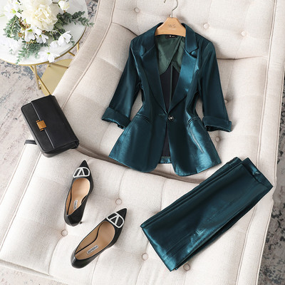 Νέες γυναικείες φόρμες 2 τεμαχίων καλοκαιρινού κορεάτικου στυλ 2022 Υψηλής ποιότητας ιδιοσυγκρασία οξικό σατέν Lady Blazer Casual ένατο παντελόνι