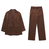 Ženski Vinatge smeđi satenski blejzer odijelo Proljeće 2022. Ženski široki jednobojni blejzeri Odijela Ženski High Street preveliki odgovarajući kompleti