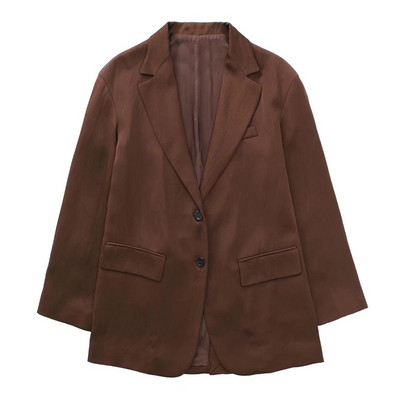 Ženski Vinatge smeđi satenski blejzer odijelo Proljeće 2022. Ženski široki jednobojni blejzeri Odijela Ženski High Street preveliki odgovarajući kompleti