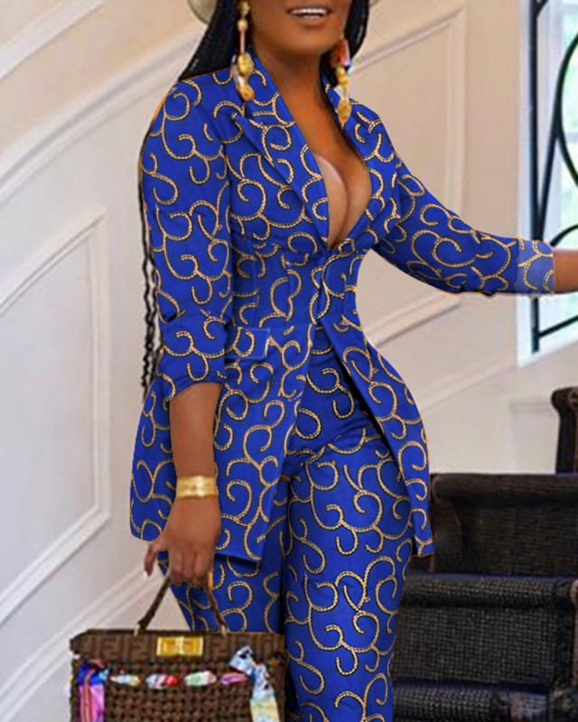 Eleganti sieviešu divdaļīgie komplekti 2021. gada rudens modei, jauni, viscaur apdrukājami garu piedurkņu korsetes mēteļu mēteļu bikses komplekti