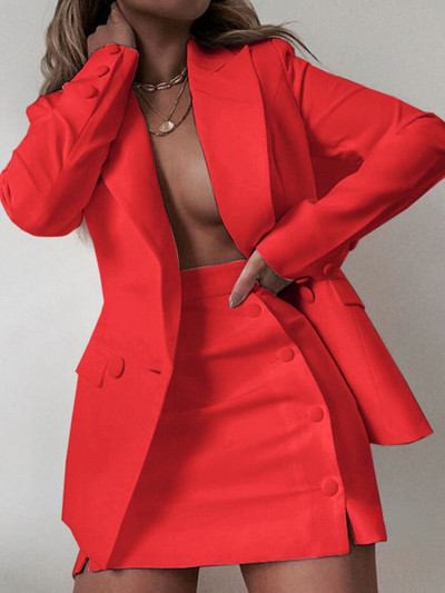 Seigurhry Fashion Casual πέτο μονόχρωμο κοστούμι με διπλό στήθος Μίνι φούστα Σετ 2 τεμαχίων Γυναικείο Σετ μπλέιζερ και φούστα Γραφείο Lady