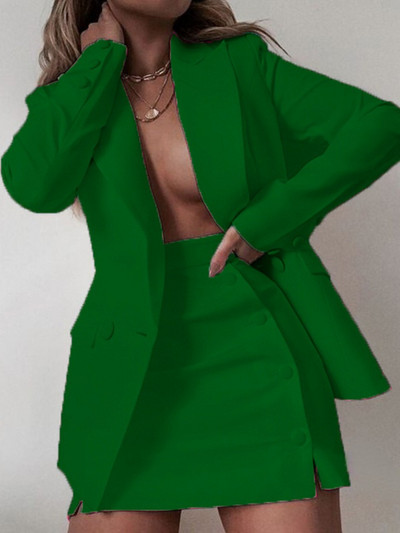 Seigurhry Fashion Casual πέτο μονόχρωμο κοστούμι με διπλό στήθος Μίνι φούστα Σετ 2 τεμαχίων Γυναικείο Σετ μπλέιζερ και φούστα Γραφείο Lady