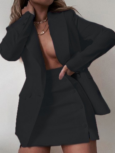 Seigurhry Fashion Casual πέτο μονόχρωμο κοστούμι με διπλό στήθος Μίνι φούστα Σετ 2 τεμαχίων Γυναικείο Σετ μπλέιζερ και φούστα Γραφείο Lady