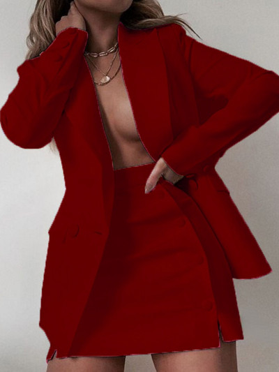 Seigurhry Fashion Casual πέτο μονόχρωμο κοστούμι με διπλό στήθος Μίνι φούστα Σετ 2 τεμαχίων Γυναικείο Σετ μπλέιζερ και φούστα Γραφείο Lady