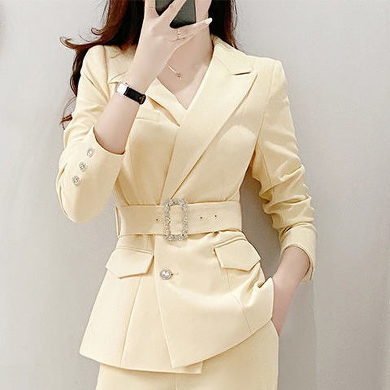 Costum Pantaloni Femei Blazer Birou Jachete Solide Palton Elegant Femeie Set 2 Piese 2022 Tinuta Subtire Cu Curea Pantaloni Talie Inalta J59