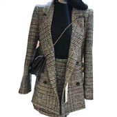 Costum în carouri la modă Set două piese pentru femei, primăvară, toamnă, serviciu de birou, cu mâneci lungi, jachetă ocazională, pantaloni scurți, îmbrăcăminte exterioară, fustă