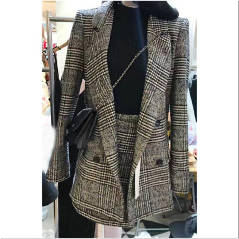 Costum în carouri la modă Set două piese pentru femei, primăvară, toamnă, serviciu de birou, cu mâneci lungi, jachetă ocazională, pantaloni scurți, îmbrăcăminte exterioară, fustă