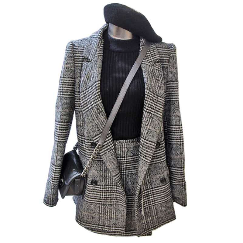 Costum în carouri la modă Set două piese pentru femei, primăvară, toamnă, serviciu de birou, cu mâneci lungi, jachetă ocazională, pantaloni scurți, îmbrăcăminte exterioară, fustă