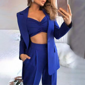 3 buc/set costume pentru femei Blazer palton pantaloni Top vară cu un singur buton Sling respirabil guler turndown jachetă pentru damă la birou Rochie