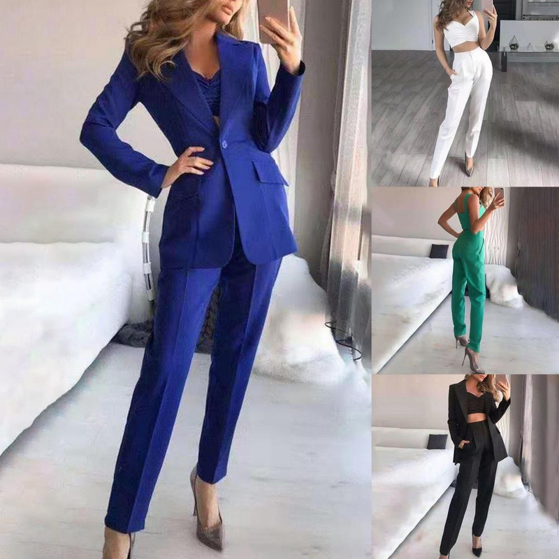 3 buc/set costume pentru femei Blazer palton pantaloni Top vară cu un singur buton Sling respirabil guler turndown jachetă pentru damă la birou Rochie