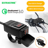 Extractme QC3.0 Φορτιστής USB μοτοσικλέτας 12V Αδιάβροχη υποδοχή Τιμονιού Προσαρμογέας Quick Charger Cell με εξάρτημα κινητήρα βολτόμετρου