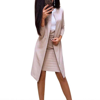 Дамски дълъг блейзър яке и пола от 2 бр. Комплект костюми с дълъг ръкав Офис дамска есенна рокля Твърда тънка официална мини пола по тялото