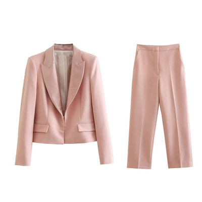TRAF 2023 Woman 2 Pieces Sets Fashion Cropped Blazer παλτό + ίσιο μακρύ παντελόνι Office Commute Φθινοπωρινά σετ