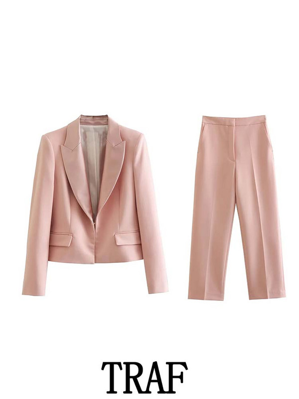 TRAF 2023 Woman 2 Pieces Sets Fashion Cropped Blazer παλτό + ίσιο μακρύ παντελόνι Office Commute Φθινοπωρινά σετ