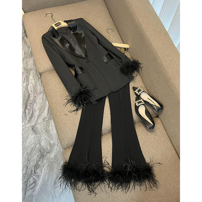 Blazer Pantaloni Costume Albe cu pene reale mâneci cu un singur buton pentru petrecere, birou, afaceri, costum, jachetă cu rever, pantaloni, set de două piese
