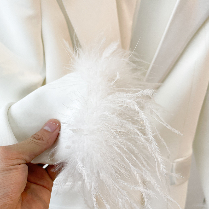 Blazer Pantaloni Costume Albe cu pene reale mâneci cu un singur buton pentru petrecere, birou, afaceri, costum, jachetă cu rever, pantaloni, set de două piese