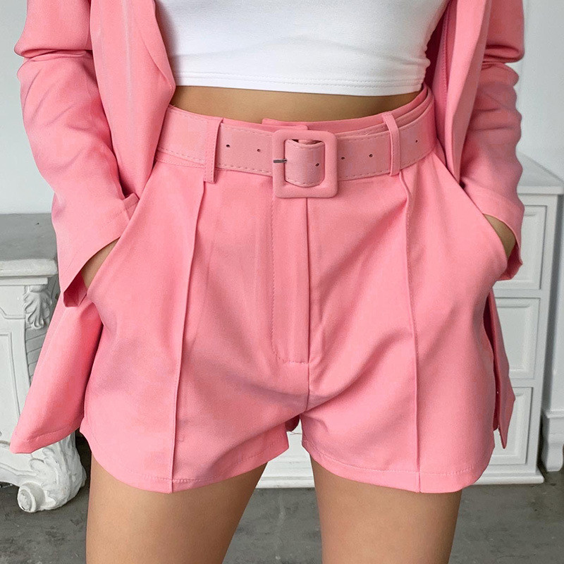 Γυναικεία μακρυμάνικα σακάκια 2 τεμαχίων με φόρεμα με ζώνη σορτς Σετ κοστούμι ανοιχτό μπροστινό γραφείο εργασίας Casual slim τζάκετ πέτο