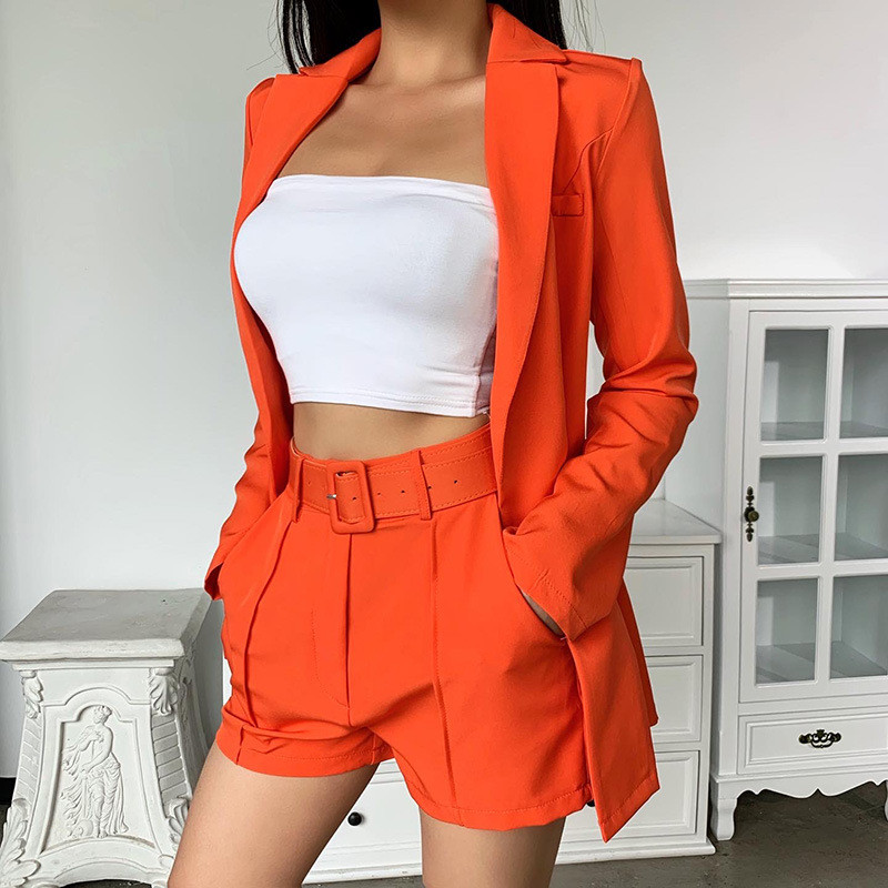 Γυναικεία μακρυμάνικα σακάκια 2 τεμαχίων με φόρεμα με ζώνη σορτς Σετ κοστούμι ανοιχτό μπροστινό γραφείο εργασίας Casual slim τζάκετ πέτο