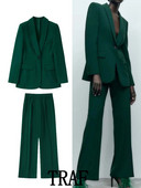 TRAF 2023 Ženski kompleti od 2 komada, modni blejzer s džepovima, uredska jakna s jednim gumbom + draperija, duge hlače, uzročni kompleti za putovanje na posao