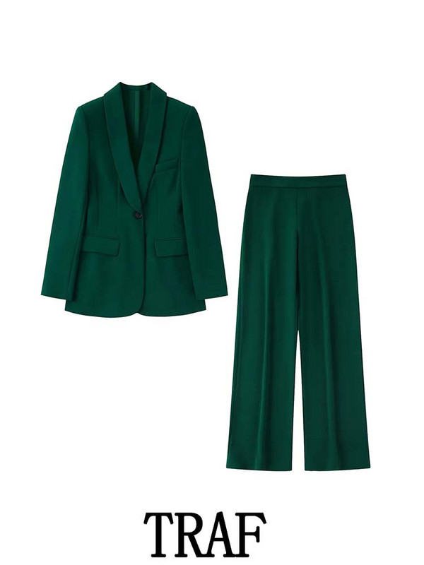 TRAF 2023 Ženski kompleti od 2 komada, modni blejzer s džepovima, uredska jakna s jednim gumbom + draperija, duge hlače, uzročni kompleti za putovanje na posao