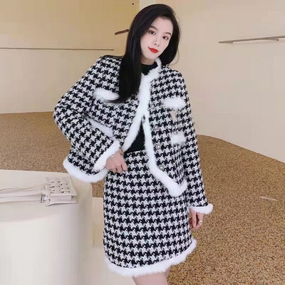 Toamnă Iarnă New2022 elegant Houndstooth Tweed Femei Guler de blană Patchwork Gros Călduș Jachetă Palton + Fusta Creion Scurtă Set 2 Piese