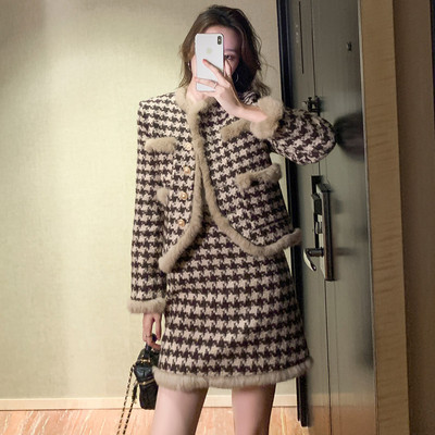 Toamnă Iarnă New2022 elegant Houndstooth Tweed Femei Guler de blană Patchwork Gros Călduș Jachetă Palton + Fusta Creion Scurtă Set 2 Piese