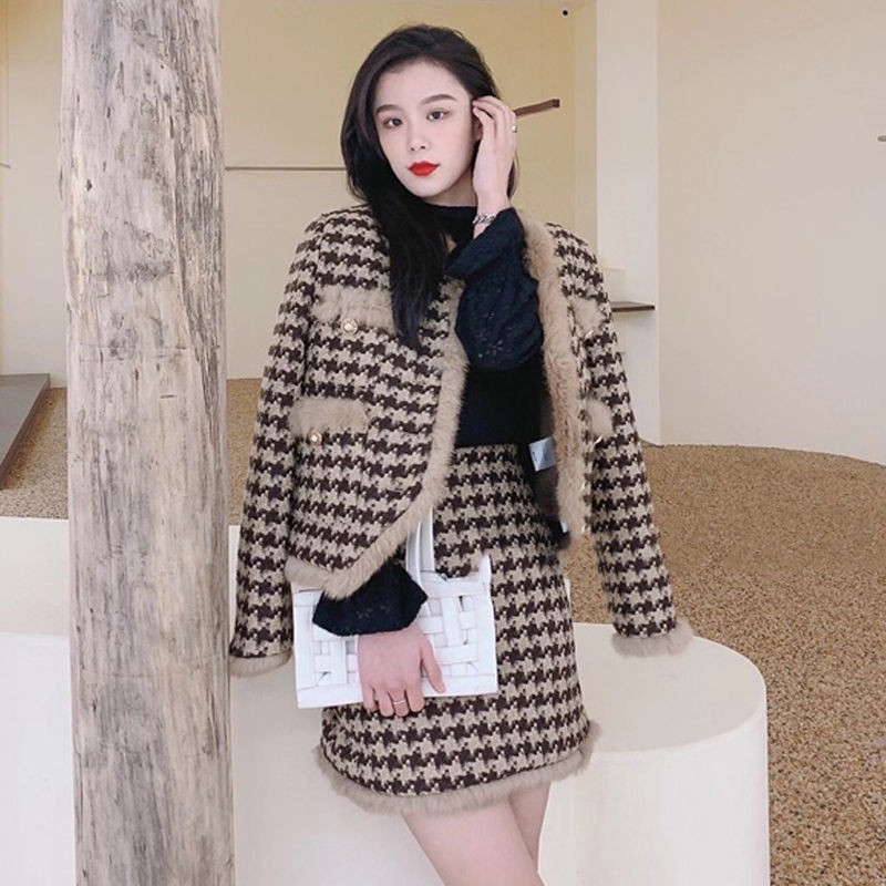 Toamnă Iarnă New2022 elegant Houndstooth Tweed Femei Guler de blană Patchwork Gros Călduș Jachetă Palton + Fusta Creion Scurtă Set 2 Piese