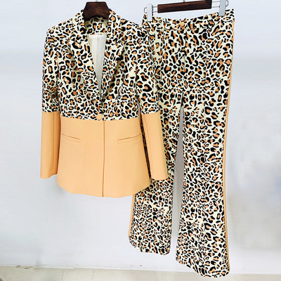 Blazer Pantaloni Set Două Piese Leopard Print Office Damă Femei Business Pantaloni evazați cu un singur buton Blazer + Pantaloni Costum formal