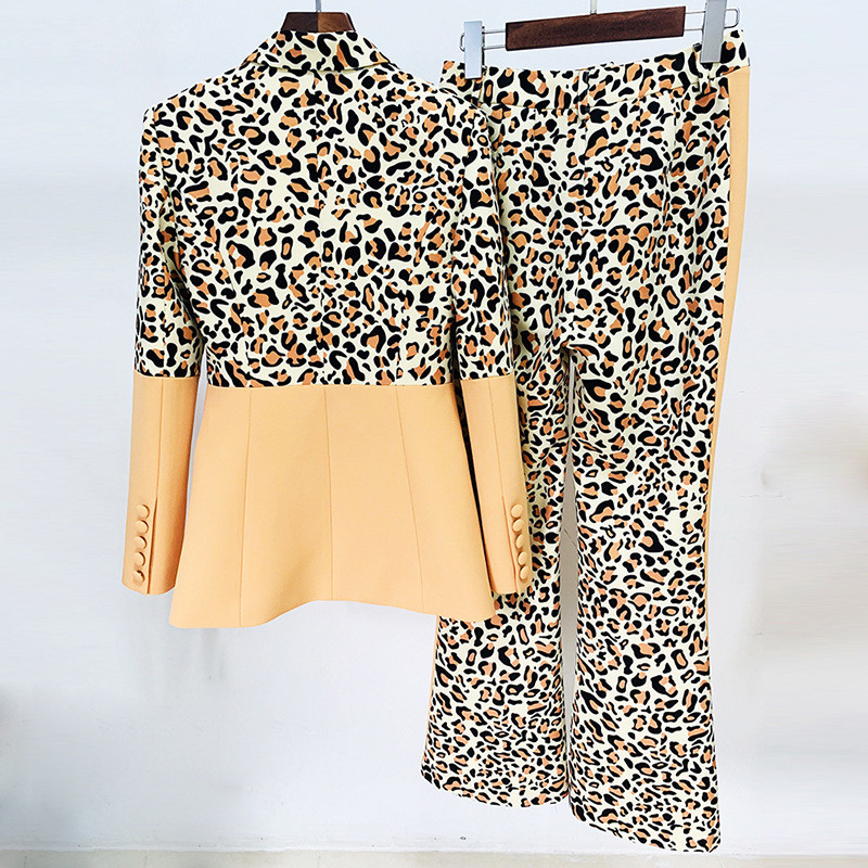 Blazer Pantaloni Set Două Piese Leopard Print Office Damă Femei Business Pantaloni evazați cu un singur buton Blazer + Pantaloni Costum formal
