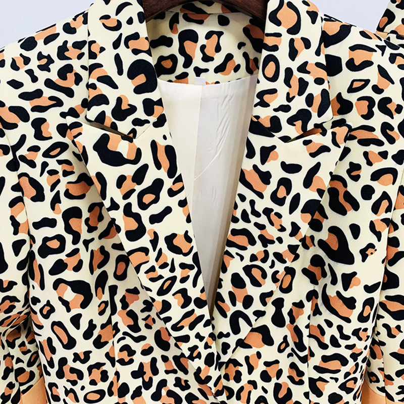 Blazer Pantaloni Set Două Piese Leopard Print Office Damă Femei Business Pantaloni evazați cu un singur buton Blazer + Pantaloni Costum formal