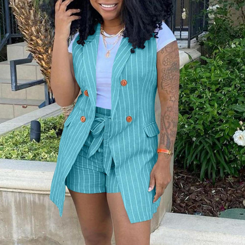 2 buc/set Costume elegante pentru femei, cu model dungi fără mâneci, set de două piese colorat, pentru femei, pentru purtarea zilnică