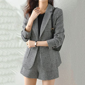 Kaheosaline ülikonnakomplekt naistele, kevadine ja sügisene uus mood Tipptasemel Elegantne paksendatud vabaaja lühikesed püksid Läikiv Bird Check jope komplekt