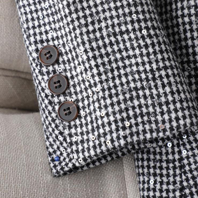 Kaheosaline ülikonnakomplekt naistele, kevadine ja sügisene uus mood Tipptasemel Elegantne paksendatud vabaaja lühikesed püksid Läikiv Bird Check jope komplekt