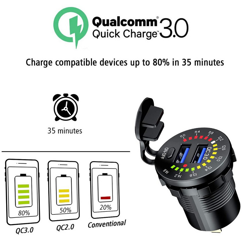 Ursuniot 36W Dual USB QC3.0 automobilinis įkroviklis 12V motociklo USB lizdas greito įkrovimo maitinimo lizdas su spalvingu skaitmeniniu voltmetru