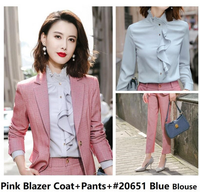 Kvaliteetsest riidest naiste pidulikud ülikonnad Professionaalsed OL Stiilid Bleiserid Sügistalvised Naiste pükste komplekt Püksteülikonnad Roosa