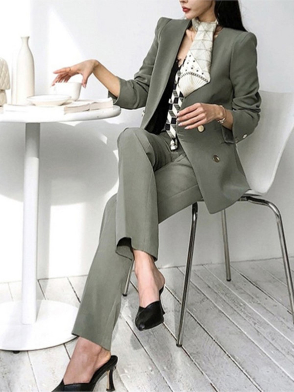 Costum Blazer Moda Femei Primavara Blazer Maneca Lunga Cu Curea Pantaloni Set Costum Office Lady Set Doua Piese Tinute
