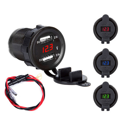 Dubultā USB lādētāja ligzda 12V ūdensnecaurlaidīgs motocikla lādētājs 5V 2,1A adapteris LED displejs ar putekļu vāka strāvas kontaktligzdu