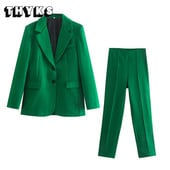 Vintage πράσινο παντελόνι κοστούμι 2 τεμαχίων Γυναικείο παλτό ζιβάγκο Παντελόνι γραφείου Γυναικεία στολή Casual Jacket Za 2022 Φθινοπωρινά ρούχα μόδας