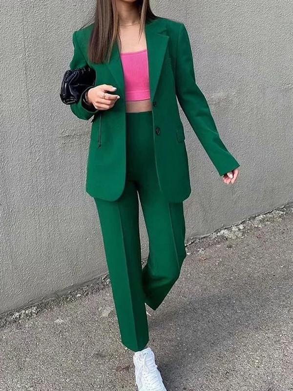 Vintage πράσινο παντελόνι κοστούμι 2 τεμαχίων Γυναικείο παλτό ζιβάγκο Παντελόνι γραφείου Γυναικεία στολή Casual Jacket Za 2022 Φθινοπωρινά ρούχα μόδας