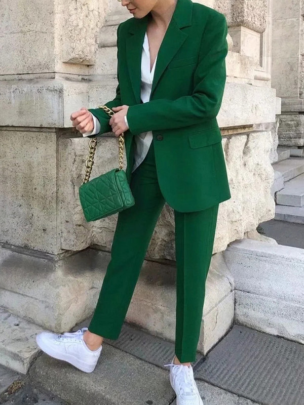 Vintage πράσινο παντελόνι κοστούμι 2 τεμαχίων Γυναικείο παλτό ζιβάγκο Παντελόνι γραφείου Γυναικεία στολή Casual Jacket Za 2022 Φθινοπωρινά ρούχα μόδας