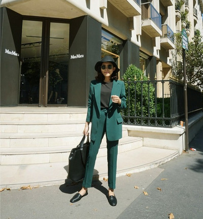 Femei cu un singur buton Blazer de lucru Costum OL Pantaloni Costum Blazer crestat Jachete cu pantaloni Set două piese Roșu Roz VERDE
