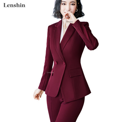 Комплект от 2 части Lenshin Обикновен официален костюм с панталон Блейзър с джобове Дизайн на офис дама Дамско едноредно сако и панталон