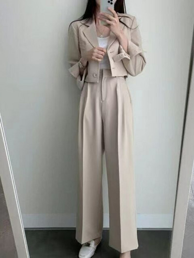 Insozkdg Κορεατικά Casual Γυναικεία Κοστούμια Blazer Jacket OL Φαρδύ πόδι Παντελόνι ψηλόμεσο κοστούμια Γυναικεία σετ δύο τεμαχίων Κομψά Crop Top Coats