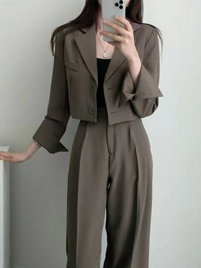 Insozkdg Κορεατικά Casual Γυναικεία Κοστούμια Blazer Jacket OL Φαρδύ πόδι Παντελόνι ψηλόμεσο κοστούμια Γυναικεία σετ δύο τεμαχίων Κομψά Crop Top Coats