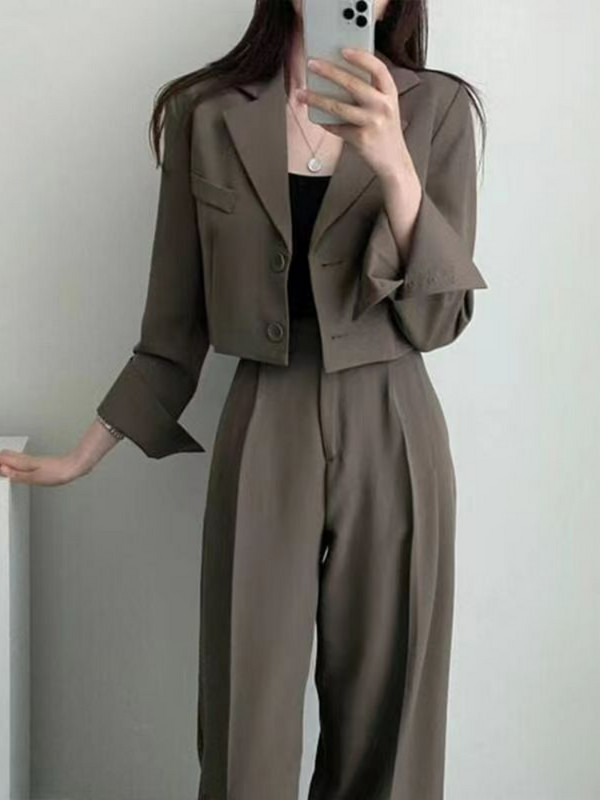 Insozkdg Κορεατικά Casual Γυναικεία Κοστούμια Blazer Jacket OL Φαρδύ πόδι Παντελόνι ψηλόμεσο κοστούμια Γυναικεία σετ δύο τεμαχίων Κομψά Crop Top Coats