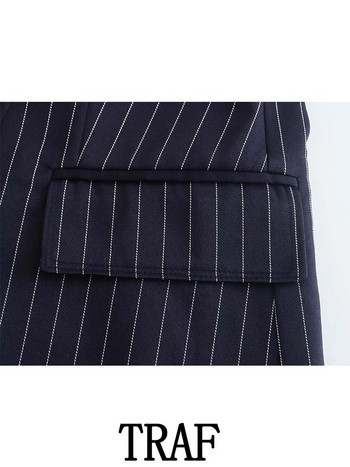 TRAF 2023 Γυναικεία Σετ 2 τεμαχίων Μόδα Pinstripe Διπλό Μπλέιζερ Μπλούζες παλτό + Λεπτά μακριά παντελόνια Causal Commute Σετ