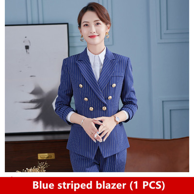 Trend pentru femei. Cele mai noi 2021. Jachetă elegantă, de designer, pentru femei, cu nasturi de fier, la două piept. Blazer clasic cu dungi albastre